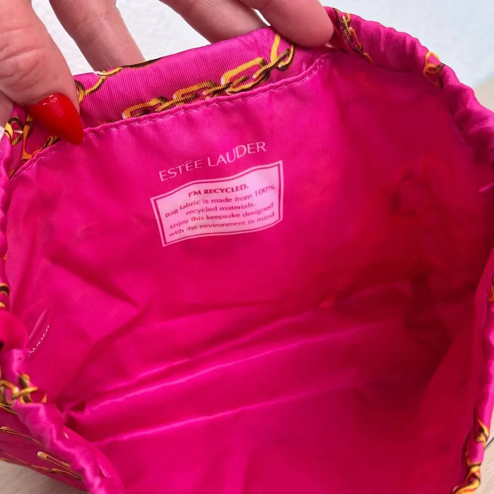 Estee Lauder Fuchsia Pink Gold Chain 90s Pattern Drawstring Makeup Bag